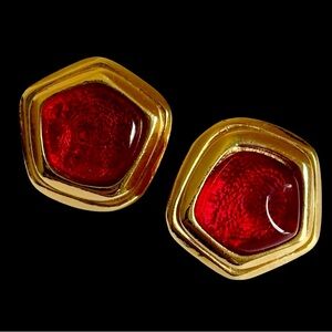 Vintage KJL For Avon Caprianti Gripoix Style Red And Goldtone Clip Earrings